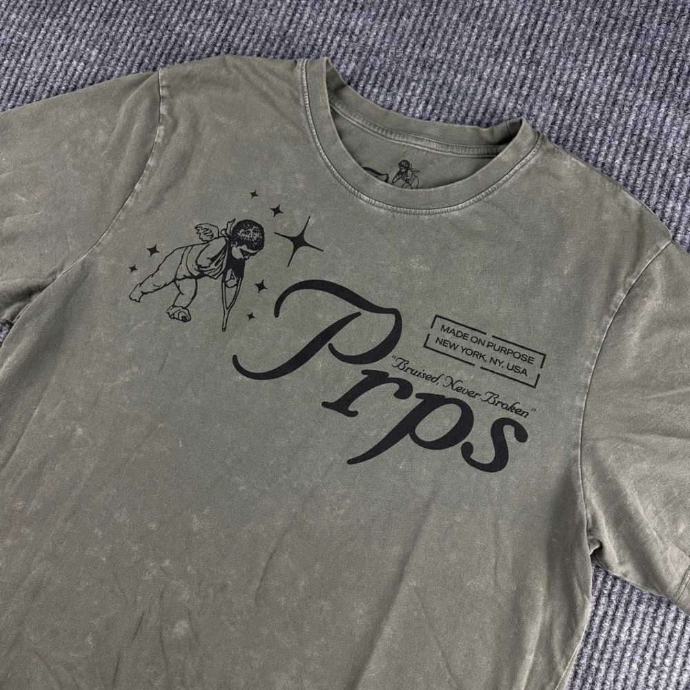 PRPS Bruised Never Broken Graphic T-Shirt Mens L Olive Green Acid Wash Cotton